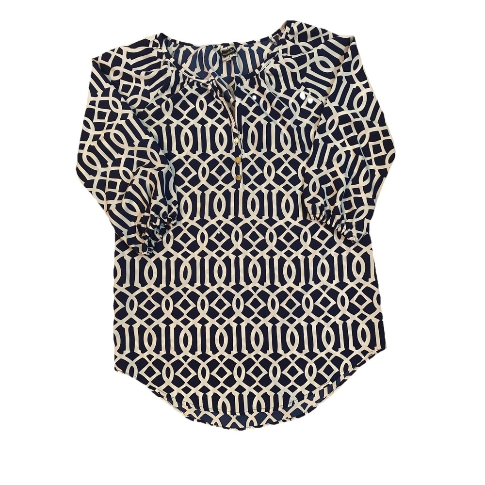 MUDPIE Shirt Navy Blue Small  3/4  Sleeve Blouse Henley Tunic Coastal nautical‎